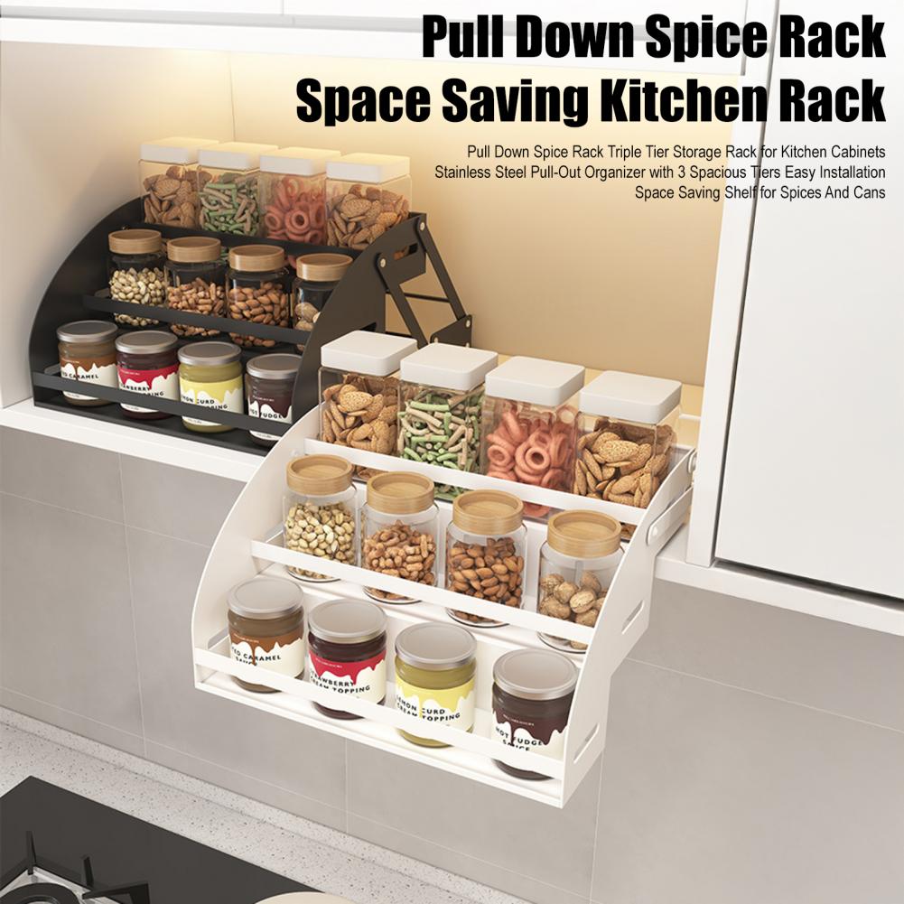 Food Storage Rack For Kitchen - Triple Tier Spice Organizer 3-tier Pull
