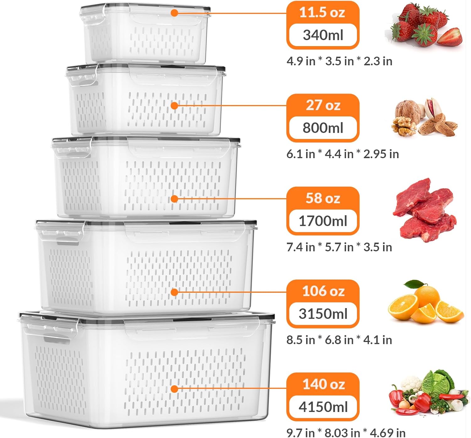 5 PCS Large Fruit Storage Cont - Food Storage With Colander 리뷰 및 가격